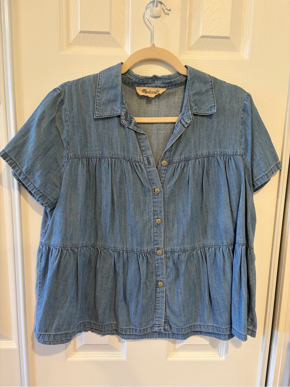 Madewell Chambray Tiered Button-Front Short Sleeve Top - Light Blue
